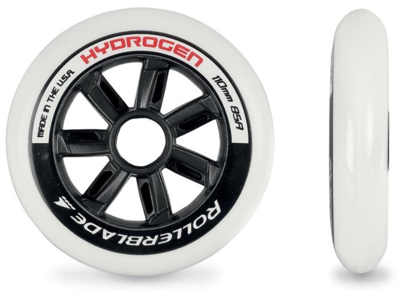 White Hydrogen skeeler wheel of 110 mm and 85A durometer in side and profile view